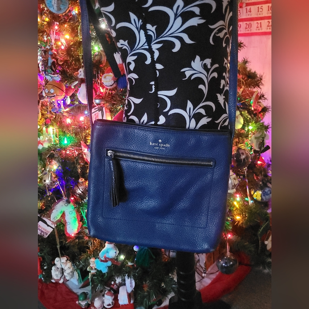 Kate Spade Blue Pebbled Leather Crossbody Bag Purse with Tassel Accent